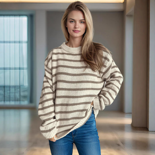 Damen lässiger Strickpullover mit breiten Streifen und lockerer Passform Heidi-Mode