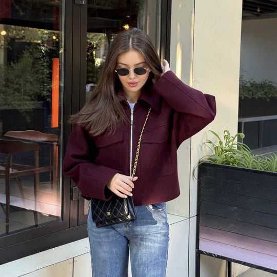 Damen lässige Wolljacke mit praktischen Brusttaschen und hochwertigem Reißverschluss Heidi-Mode