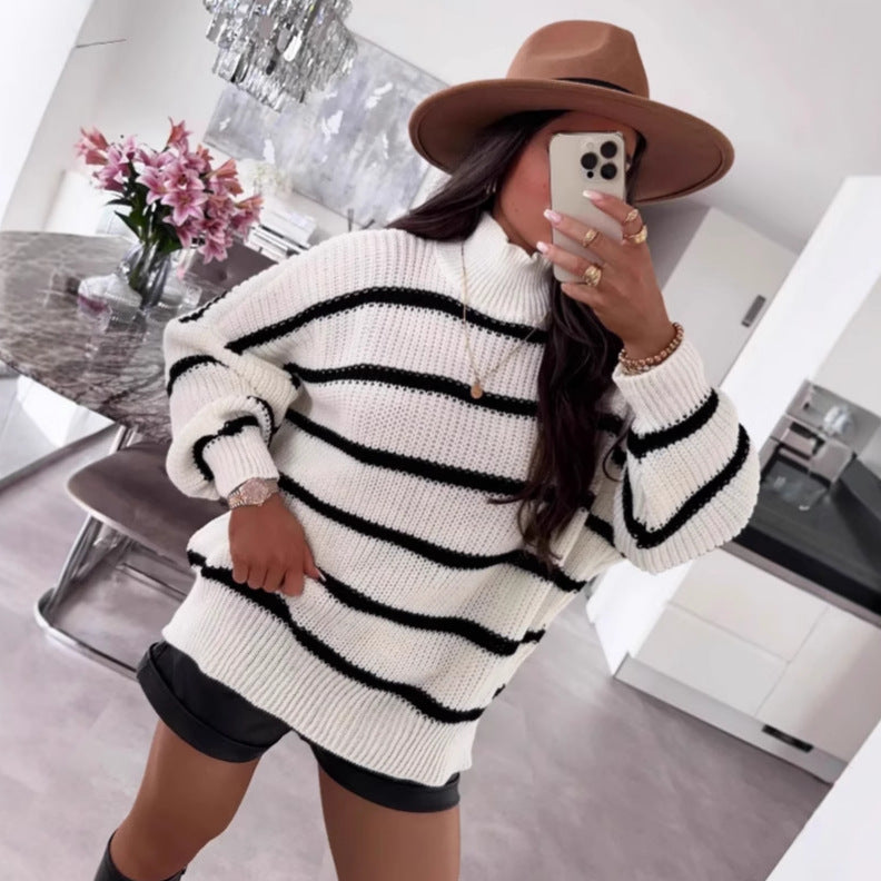 Damen gestreifter Oversized-Pullover mit modischem Rollkragen Heidi-Mode