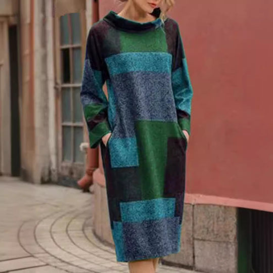 Damen Oversized Kleid mit geometrischem Patchwork-Design Heidi-Mode