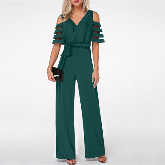 Damen Eleganter Jumpsuit mit transparenten Ärmel-Details und Taillengürtel Heidi-Mode