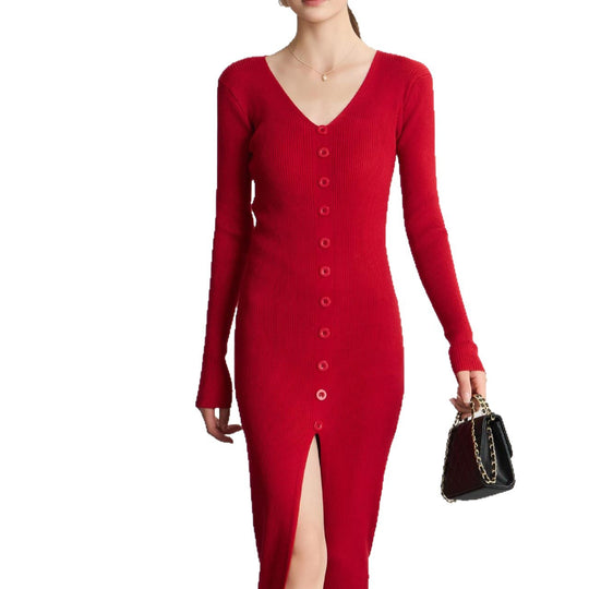 Damen Langes Strickkleid mit V-Ausschnitt und durchgehender Knopfleiste Heidi-Mode