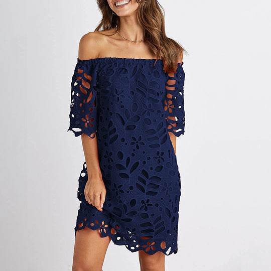 Damen Off-Shoulder Kleid mit floralen Cut-Outs und luftigen Ärmeln Heidi-Mode