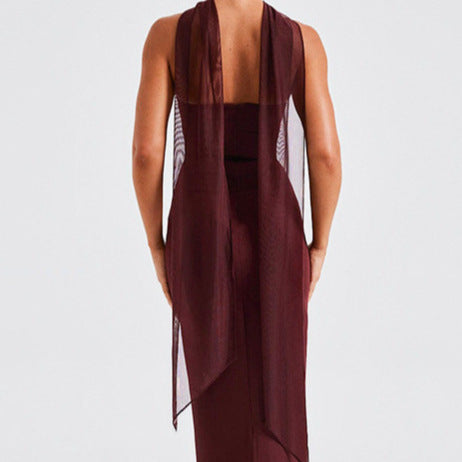 Damen Strapless Maxi-Kleid mit transparenten Ärmelakzenten und figurbetontem Schnitt Heidi-Mode