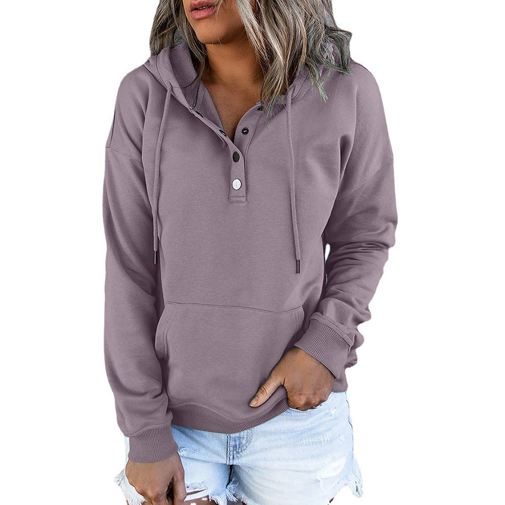 Damen lässiger Kapuzenpullover mit Druckknöpfchen und seitlichen Eingrifftaschen Heidi-Mode