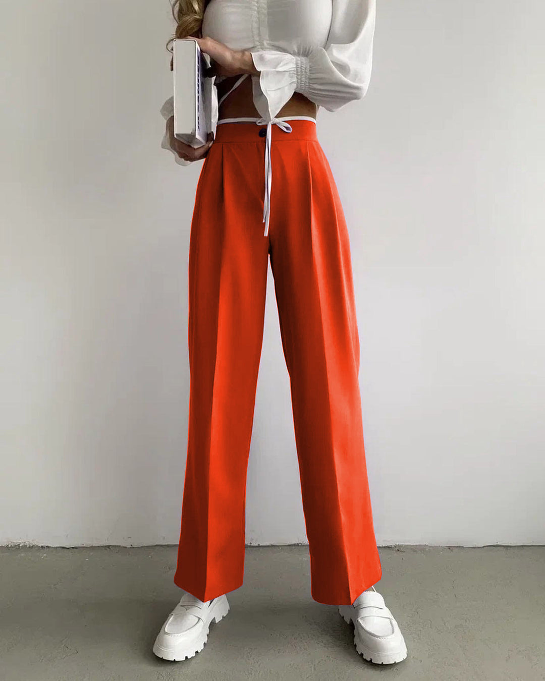 Damen weite klassische Hose mit hohem Bund und praktischen Bindegurten Heidi-Mode