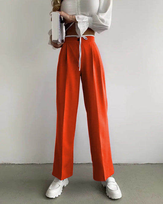 Damen weite klassische Hose mit hohem Bund und praktischen Bindegurten Heidi-Mode