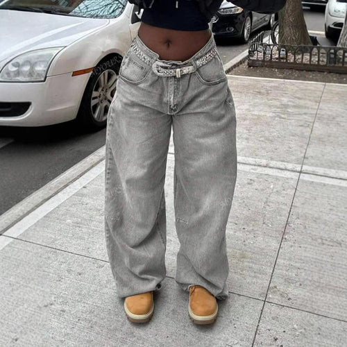Damen Weit geschnittene Jeanshosen mit funkelndem Gürtel Heidi-Mode