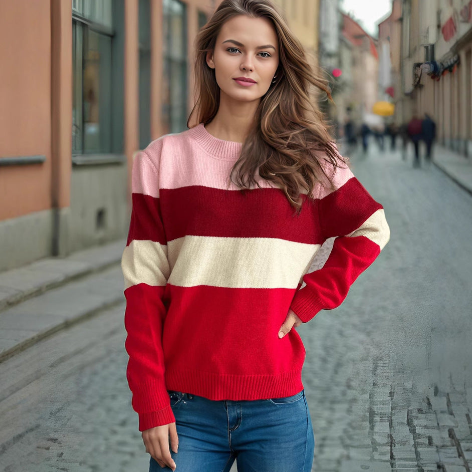 Damen lockerer Strickpullover mit buntem Streifenmuster Heidi-Mode