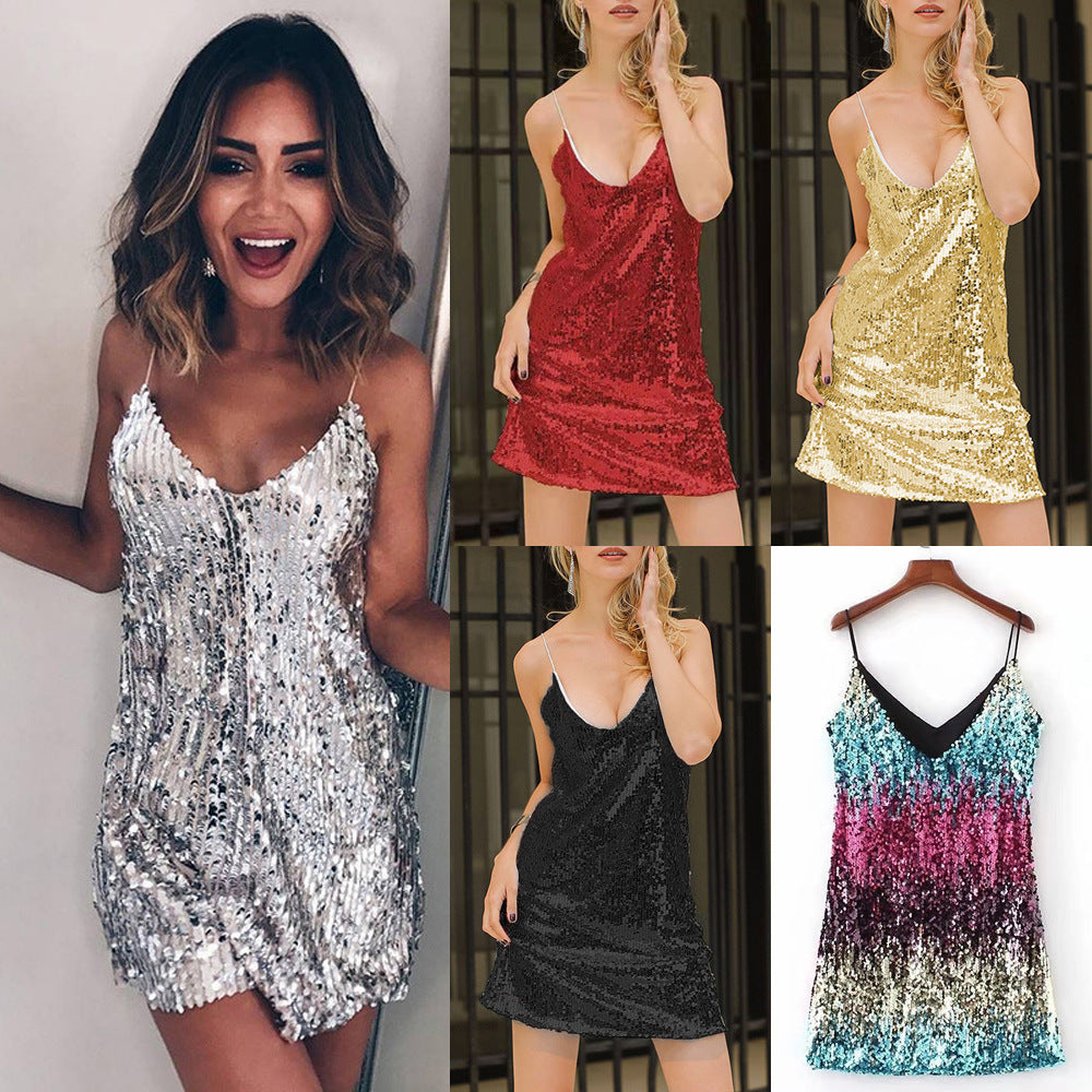 Damen Pailletten Kleid mit tiefem Ausschnitt und Spaghettiträgern Heidi-Mode