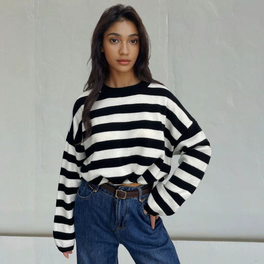 Damen Gemütlicher Ringelpullover mit lässigem Schnitt und tiefem Saum Heidi-Mode