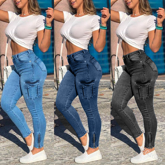 Damen Cargo-Jeans mit hohem Bund und modischen Taschen Heidi-Mode