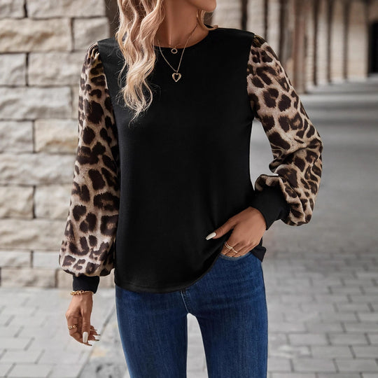 Damen Sweatshirt mit modischen Leopardenärmeln Heidi-Mode