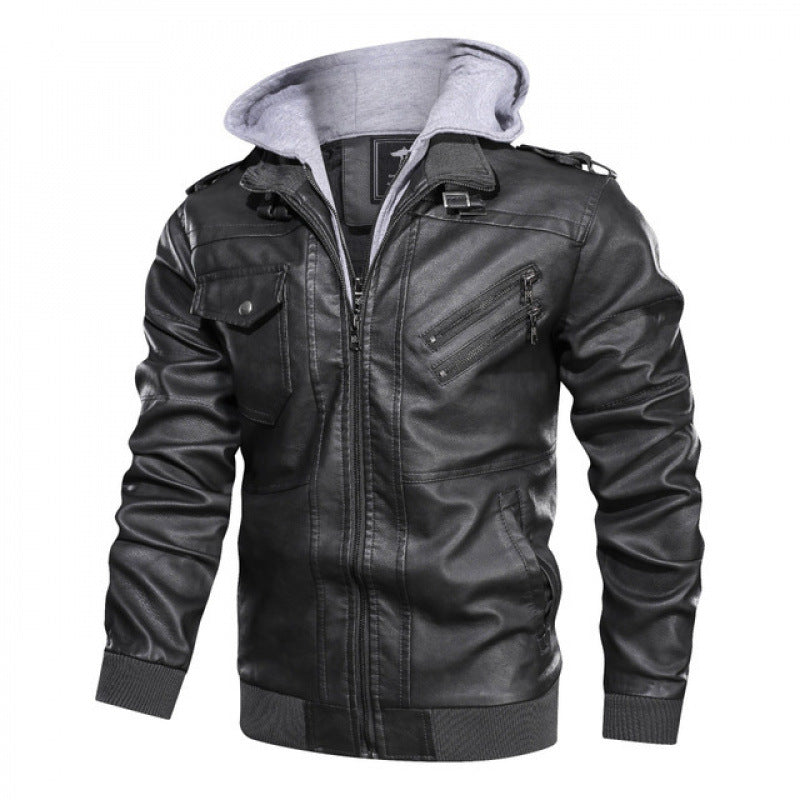Herren Lederjacke im modernen Biker-Stil mit abnehmbarer Kapuze Heidi-Mode