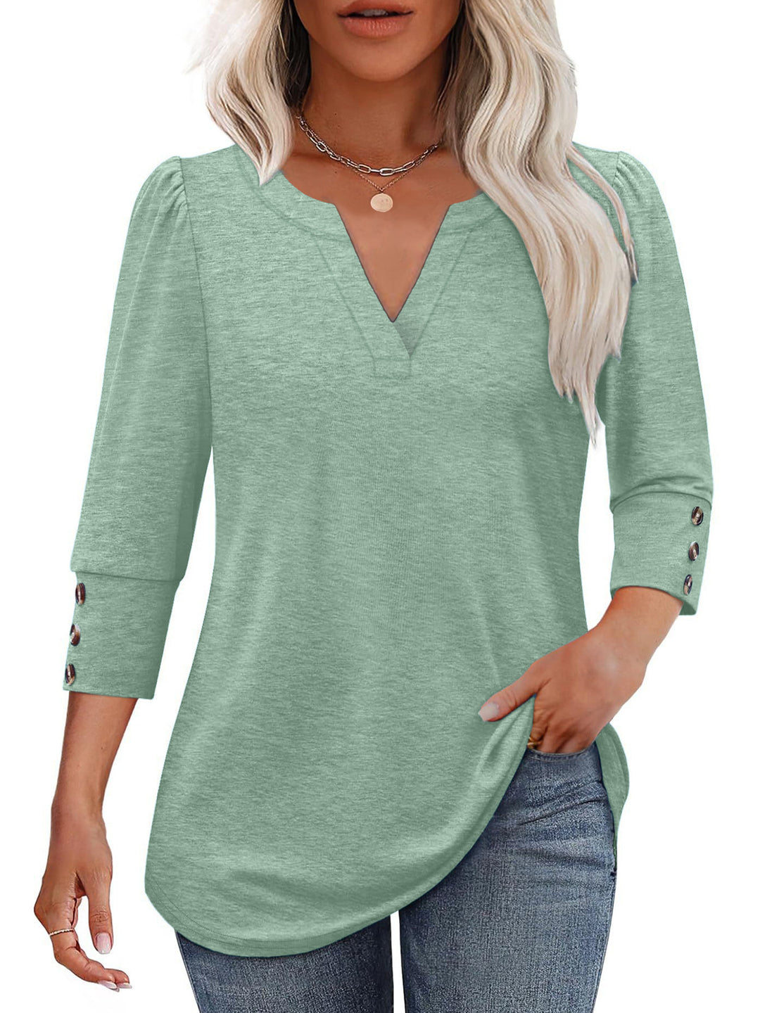 Damen V-Ausschnitt Bluse mit dekorativen Knopfdetails Heidi-Mode