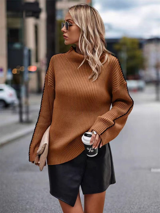 Damen Strickpullover mit elegantem Rollkragen und modischen Ärmelöffnungen Heidi-Mode