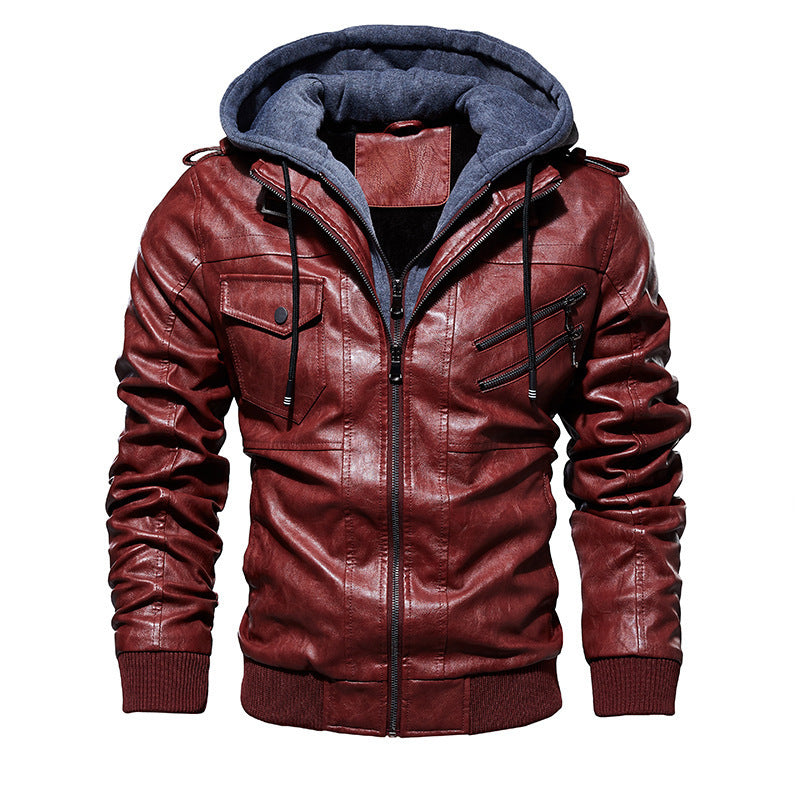 Herren lässige Kunstlederjacke mit abnehmbarer Kapuze und zahlreichen Taschen Heidi-Mode