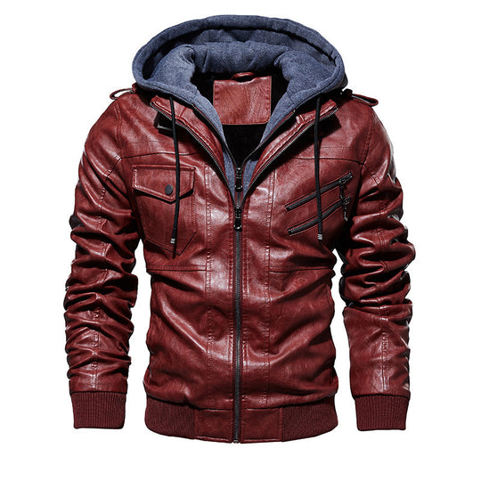 Herren lässige Kunstlederjacke mit abnehmbarer Kapuze und zahlreichen Taschen Heidi-Mode