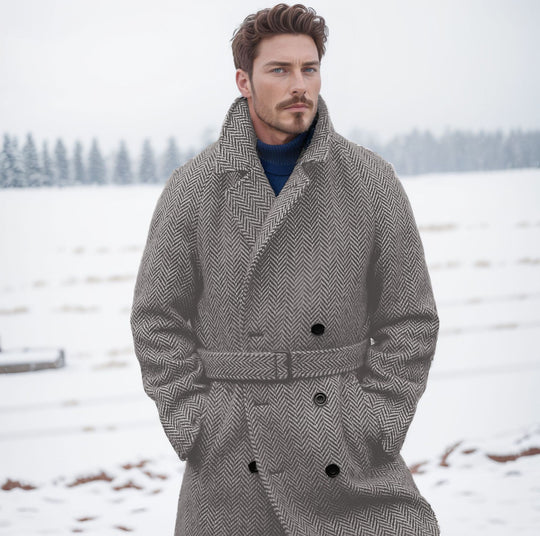 Herren Eleganter Wollmantel im klassischen Hahnentrittmuster mit Gürtel Heidi-Mode