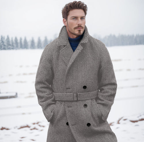 Herren Eleganter Wollmantel im klassischen Hahnentrittmuster mit Gürtel Heidi-Mode