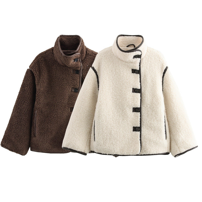 Damen kuschelige Fleecejacke mit hohem Kragen und dekorativen Knopfdetails Heidi-Mode