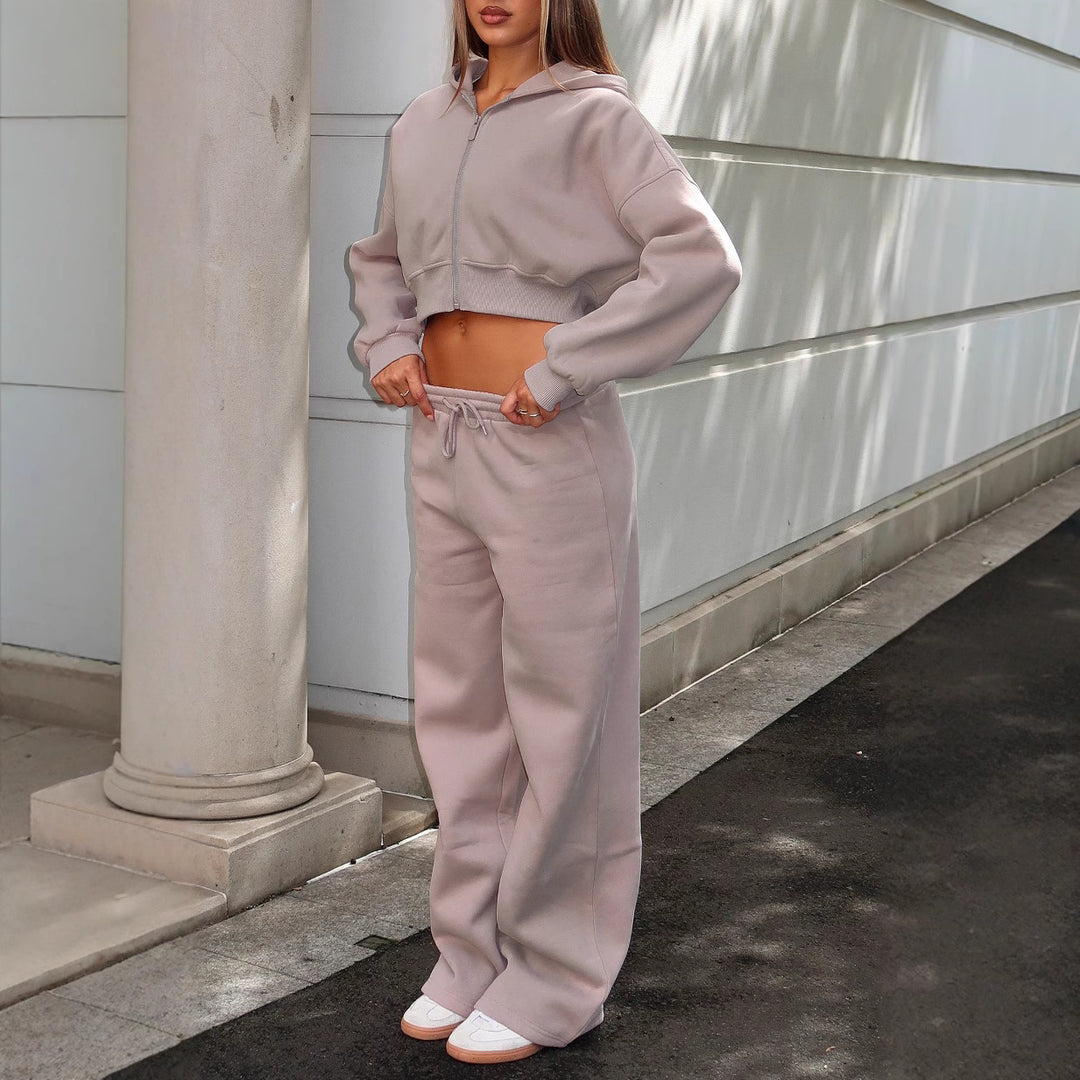 Damen moderner Cropped Hoodie und weite Jogginghose Set Heidi-Mode
