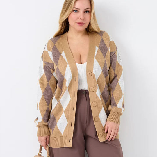 Damen kuscheliger Cardigan mit Rautenmuster und Knopfverschluss Heidi-Mode