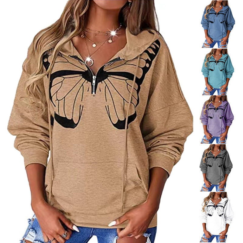 Damen lässiger Kapuzenpullover mit Schmetterlingsdruck und Halber Reißverschluss Heidi-Mode