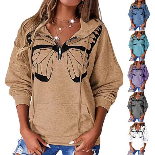 Damen lässiger Kapuzenpullover mit Schmetterlingsdruck und Halber Reißverschluss Heidi-Mode