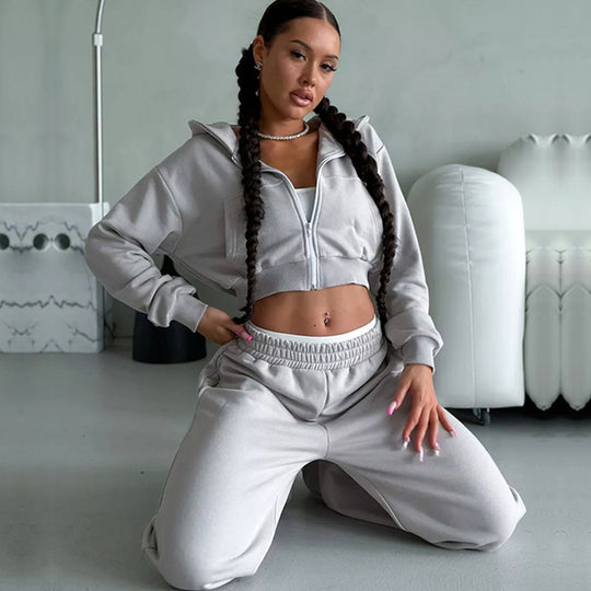 Damen moderner Cropped Hoodie und weite Jogginghose Set Heidi-Mode