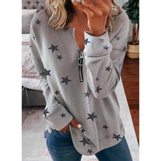 Damen Lässiger Sweatshirt mit Reißverschluss und Sternenmotiv Heidi-Mode