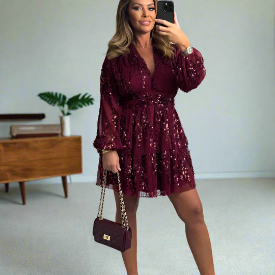 Damen Glänzendes und elegantes Kleid mit Pailletten Heidi-Mode