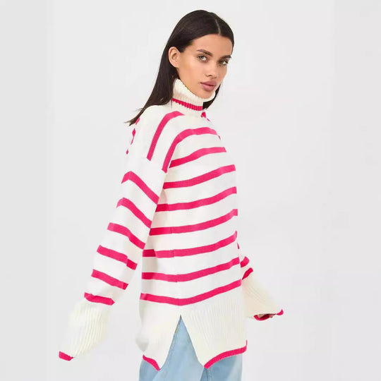 Damen gestrickter Rollkragenpullover mit modernem Streifenmuster und weitem Schnitt Heidi-Mode