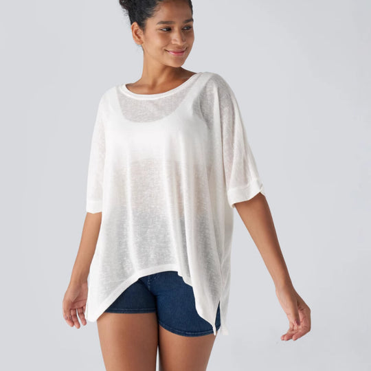 Damen lässiges Oversized T-Shirt mit seitlichen Schlitzen und umgeschlagenen Ärmeln Heidi-Mode