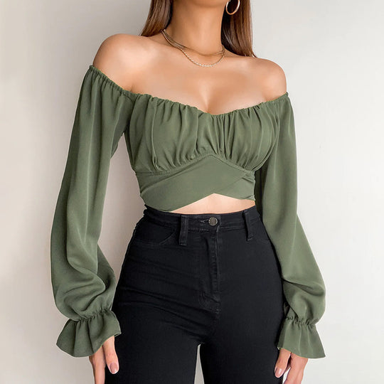 Damen Off-Shoulder Bluse mit Raffung und langen Ärmeln Heidi-Mode