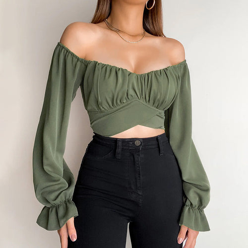 Damen Off-Shoulder Bluse mit Raffung und langen Ärmeln Heidi-Mode