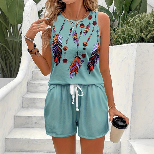 Damen Baumwoll Overall mit buntem Federmuster Heidi-Mode