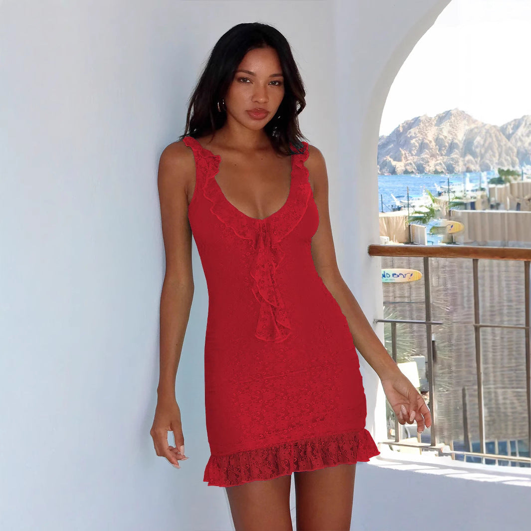 Damen figurbetontes Minikleid mit Rüschendetails und V-Ausschnitt Heidi-Mode