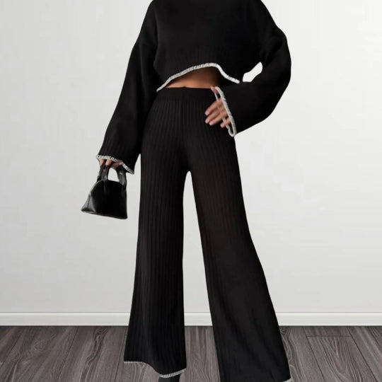 Damen elegantes Strickanzug mit weitem Bein und romantischen Ärmeln Heidi-Mode