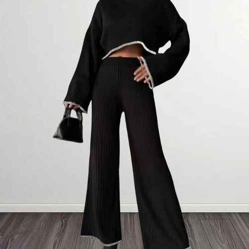 Damen elegantes Strickanzug mit weitem Bein und romantischen Ärmeln Heidi-Mode