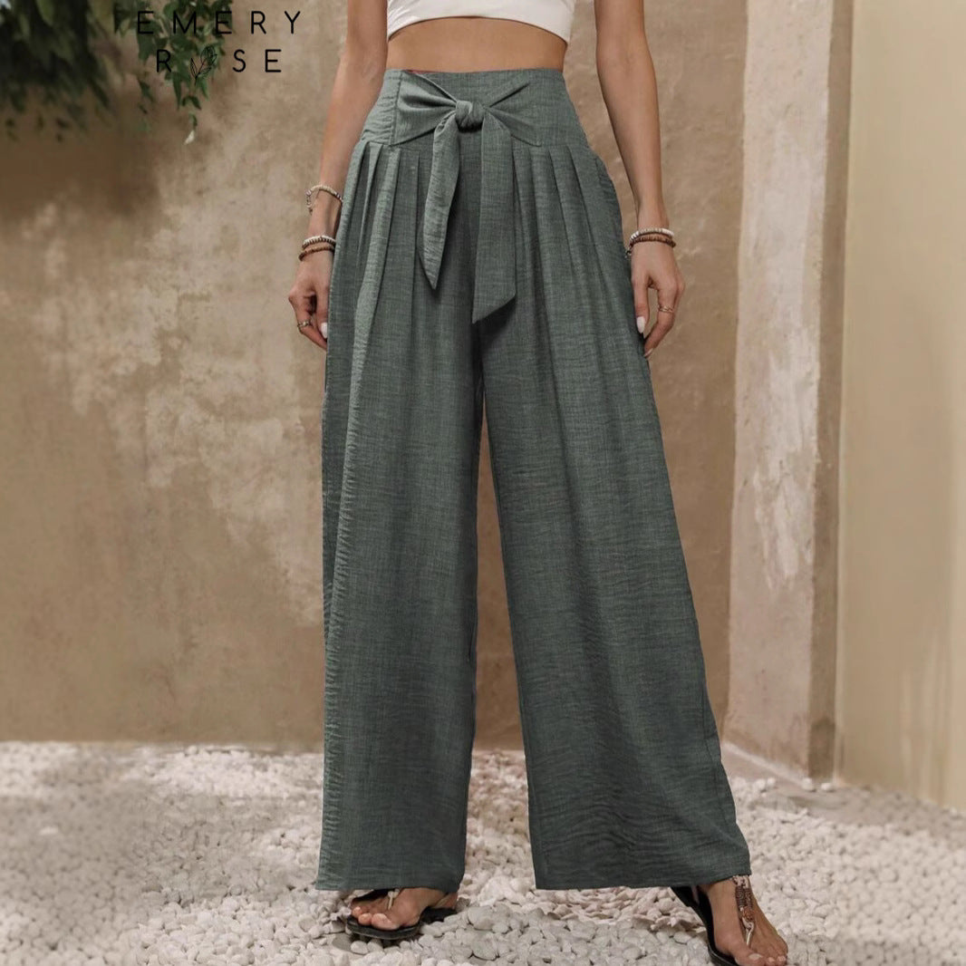 Damen Weite Hochtaillierte Hose mit Schleifenbund und Falten Heidi-Mode