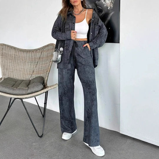 Damen Lässiges Blusen- und Hosen-Set aus weichem Material mit besonderen Texturen Heidi-Mode