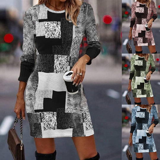 Damen Strickkleid mit modernem geometrischen Muster und langen Ärmeln Heidi-Mode