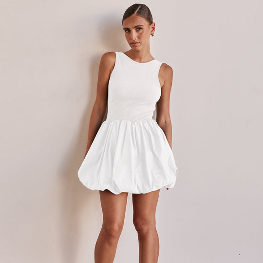 Damen trendiges Ballonkleid mit körperbetontem Oberteil und fließendem Rock Heidi-Mode