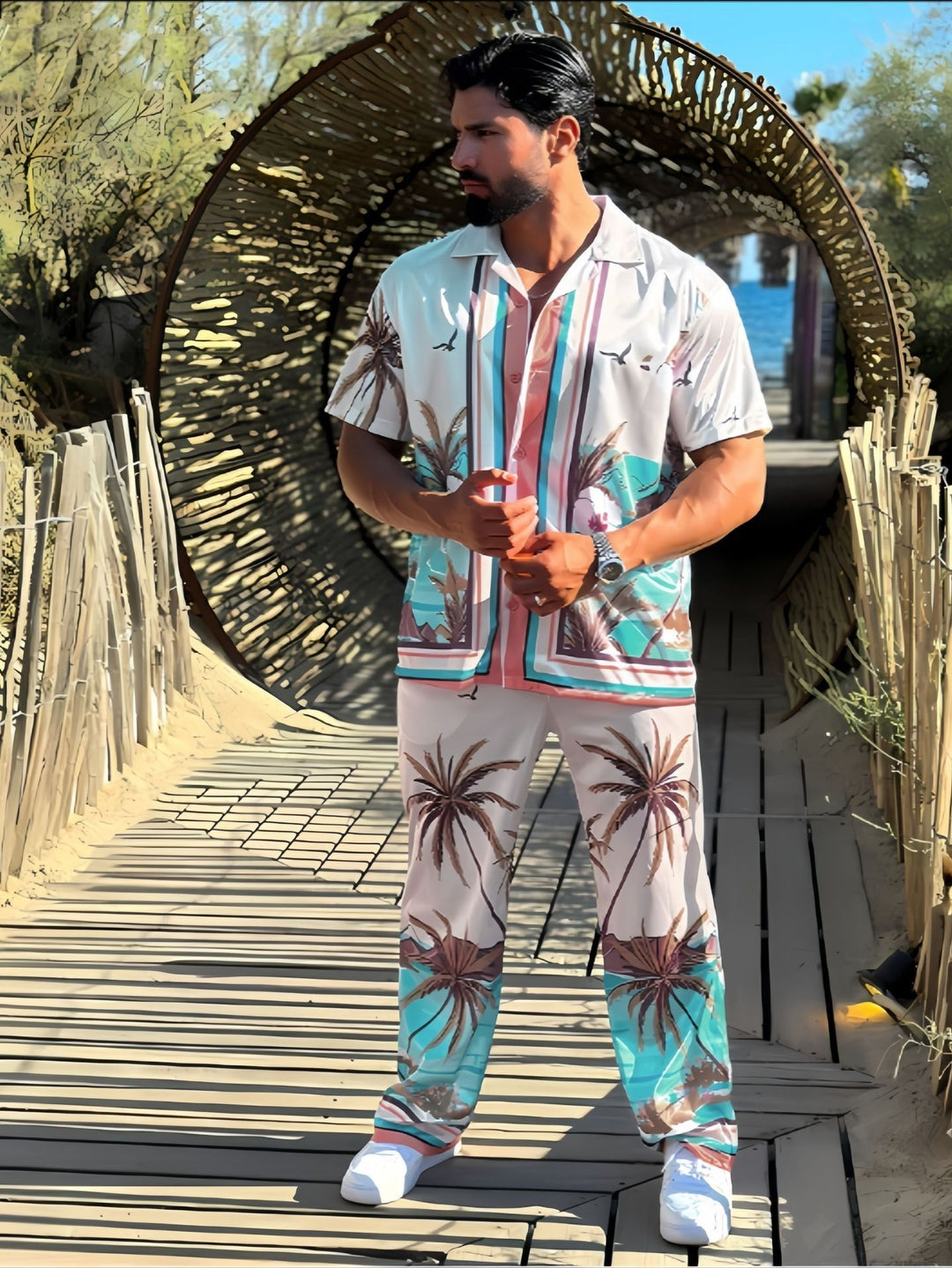 Herren Strandhemd und Hose im tropischen Palmen-Design mit kurzärmligem Schnitt Heidi-Mode