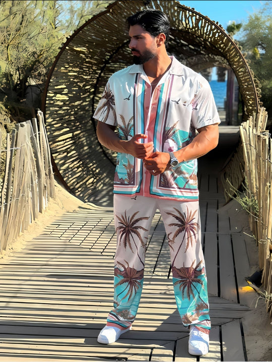 Herren Strandhemd und Hose im tropischen Palmen-Design mit kurzärmligem Schnitt Heidi-Mode