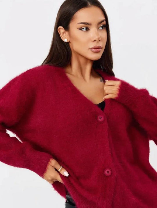 Damen kuschelige Strickjacke mit weichem Mohair-Mix und eleganter Knopfleiste Heidi-Mode