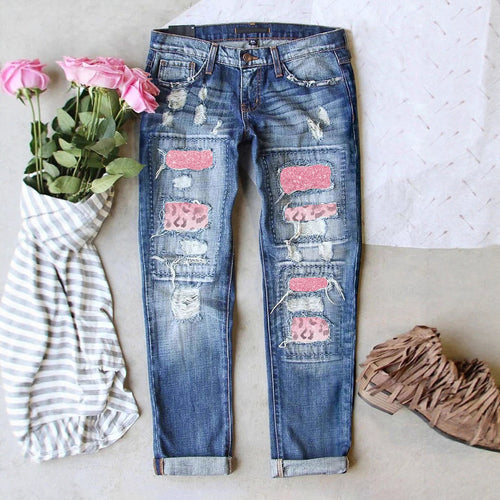 Damen Ripped Jeans mit modischen Patches und lässigem Schnitt Heidi-Mode