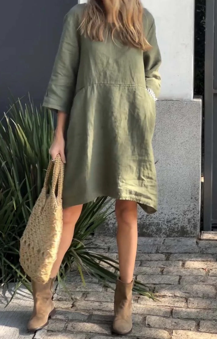 Damen lässiges Leinenkleid mit praktischen Taschen und asymmetrischem Saum Heidi-Mode