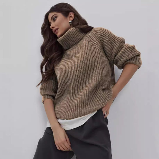 Damen Strickpullover mit hohem Kragen und Wabenstruktur Heidi-Mode